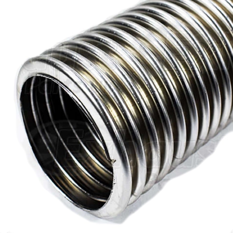 Close-up of a corrugated stainless steel flex pipe used in vehicle exhaust systems, showing helical ridges for flexibility and vibration absorption.