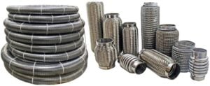Various types of stainless steel exhaust flex pipes including interlock, braided mesh, and corrugated hose used in heavy-duty, automotive, and industrial applications