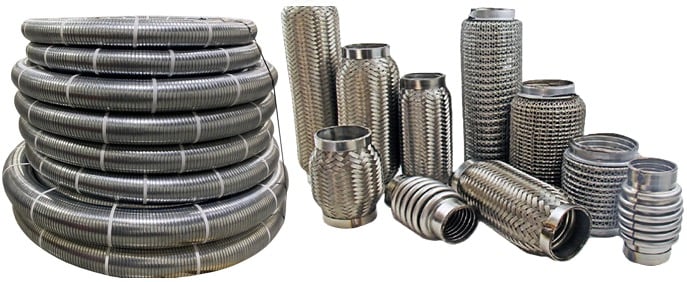 Various types of stainless steel exhaust flex pipes including interlock, braided mesh, and corrugated hose used in heavy-duty, automotive, and industrial applications